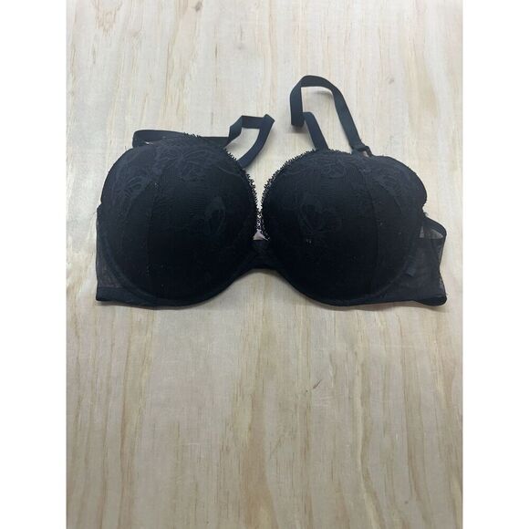 Victoria Secret Bra 38D Black Push Up Lace Satin Underwire - Picture 1 of 4